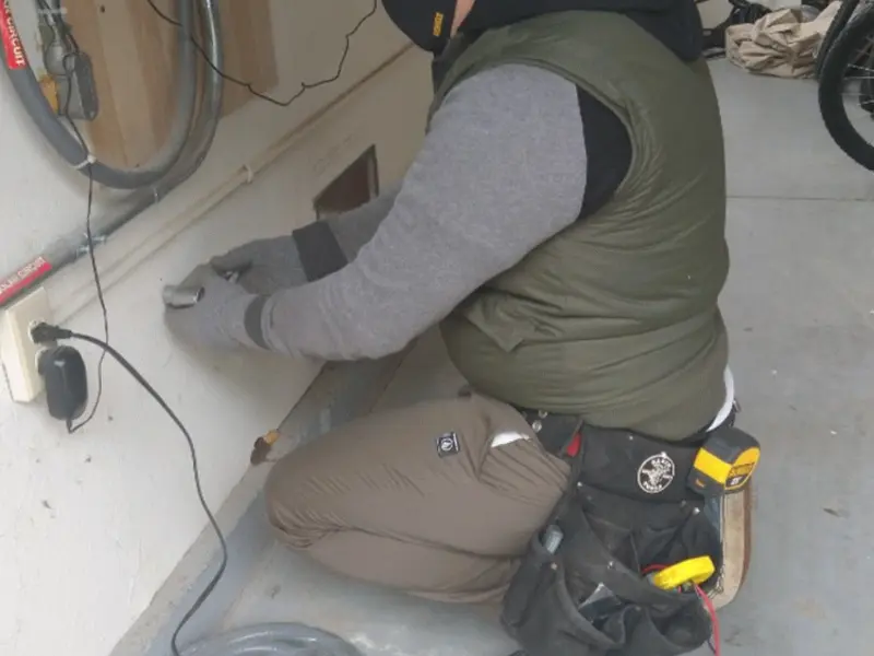 Electrician performing outlet wiring in a Vincent garage